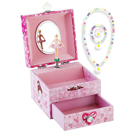 Musical Jewelry Box - Musical Storage Box with Drawer and Jewelry Set with Pretty Girl Theme - Beautiful Dreamer Tune Pink