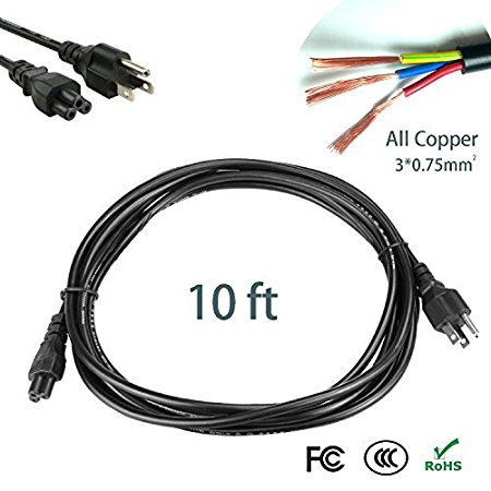 [All Copper Gurantee] Elivebuy 10 Ft U.S. Standard 3-Prong Mickey Mouse Style AC Laptop Power Cord Cable For Dell IBM HP Compaq Asus Sony Toshiba Lenovo Acer Gateway MSI Notebook Computer Power Supply Cord Charger (Extra Long)