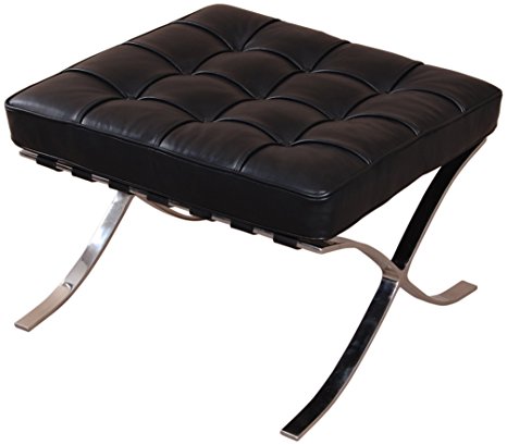 MLF Pavilion Barcelona Ottoman/Stool (5 Colors). Premium Black Aniline Leather, High Density Foam Cushions & Seamless Visible Corners. Polished Stainless Steel Frame Riveted with Cowhide Saddle Straps