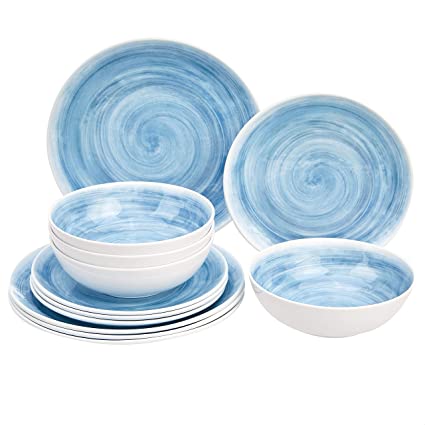 AmazonBasics 12-Piece Melamine Dinnerware Set - Service for 4, Teal Swirl