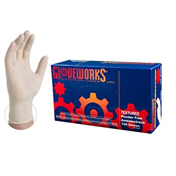 Ammex GLOVEWORKS Industrial White Latex Gloves - 4 mil, Powder Free, Textured, Disposable, Small, TLF42100-BX, Box of 100