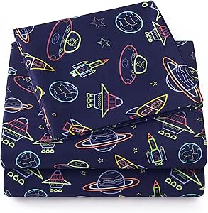 1500 Supreme Kids Bed Sheet Collection - Fun Colorful and Comfortable Boys and Girls Toddler Sheet Sets - Deep Pocket Wrinkle Free Soft and Cozy Bedding - Twin, Neon Spaceships