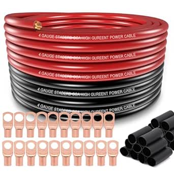 4 Gauge Wire (25ft Each- Black/Red) Copper Clad Aluminum CCA,20pcs Lugs Terminal Connectors with 3:1 Heat Shrink Tube for Power/Auto,Amplifier,Ground Cable