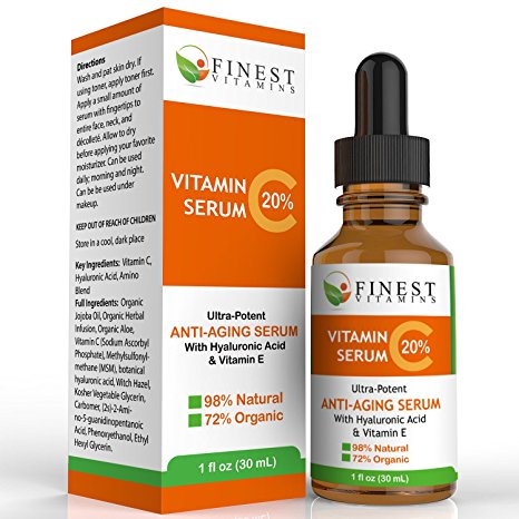 Botanical 20% Vitamin C + E + Hyaluronic Acid Serum. Anti Aging Serum Moisturizer with Natural Ingredients.