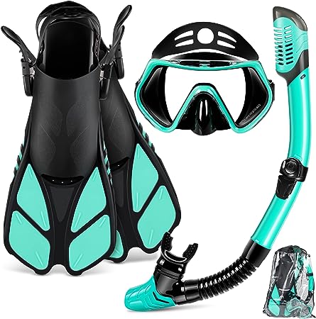 ZEEPORTE Mask Fin Snorkel Set, Travel Size Snorkeling Gear for Adults with Panoramic View Anti-Fog Mask, Trek Fins, Dry Top Snorkel and Gear Bag for Swimming Training, Snorkeling Kit Diving Packages