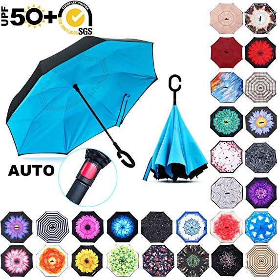 ABCCANOPY Inverted Umbrella,Double Layer Reverse Windproof Teflon Repellent Umbrella for Car and Outdoor Use, UPF 50  Big Stick Umbrella with C-Shaped Handle and Carrying Bag, 30  Multi Colors