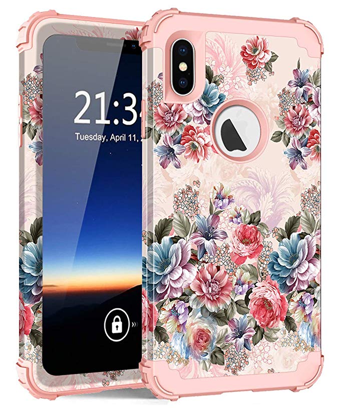 iPhone Xs Max Case, Hocase Shockproof Heavy Duty Protection Hard Plastic Cover Silicone Rubber Case Hybrid Dual Layer Protective Phone Case for iPhone Xs Max 6.5-inch 2018 - Peony/Rose Gold