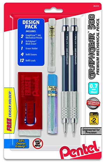 Pentel GraphGear 500 Automatic Pencil Kit, 0.7mm, Refill Leads, Block Eraser 2 Pack (PG527LEBP2)