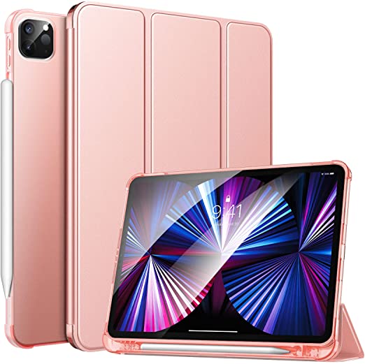 MoKo Case Fit New iPad Pro 11 Inch Case 2021 (3rd Gen) with Apple Pencil Holder, Soft TPU Smart Trifold Stand Translucent Back Case for iPad Pro 11" 2021, Auto Wake/Sleep, Rose Gold