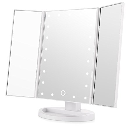 Easehold Tri-Fold Lighted Vanity Mirror Three Panel 21Pcs Led Light 180 Degree Free Rotation Countertop Cosmetic Makeup Mirror (White)