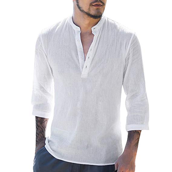 Mens Long Sleeve Henley Shirt Cotton Linen Beach Yoga Loose Fit Henleys Tops