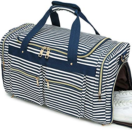 Weekender Overnight Duffel Bag Shoe Pocket for Women Men Weekend Travel Tote Carry On Bag (Stripe Blue White 0.6cm)