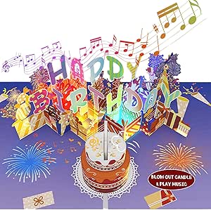 3D Musical Birthday Popup Card for Women Men, Blowable LED Light Candle and Play Happy Birthday Music with Envelope and Note Tag, Funny Birthday Cards Gift for Husband Wife Mom Dad Kids