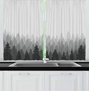 Ambesonne Forest Kitchen Curtains, Wilderness Pattern with Many Trees Nature Panorama Monochrome Woods, Window Drapes 2 Panel Set for Kitchen Cafe Decor, 55" X 39", Charcoal Green