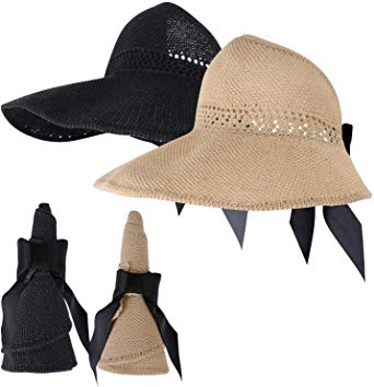 2 Pack Foldable Floppy Large Wide Brim Summer Straw Beach Sun Visor Ponytail Hats for Women