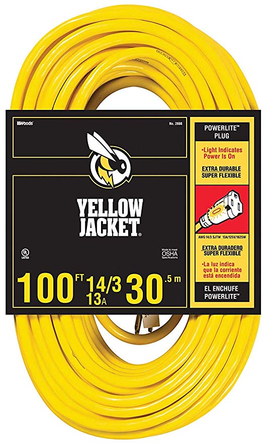 Yellow Jacket 2888 14/3 Heavy-Duty 13-Amp SJTW Contractor Extension Cord with Lighted Ends, 100-Feet