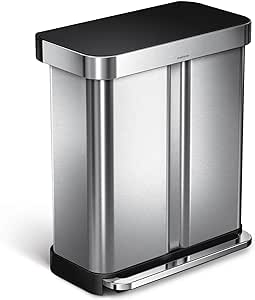 simplehuman 58 Liter / 15.3 Gallon Rectangular Dual Compartment Recycling Kitchen Step Trash Can with Soft-Close Lid, Brushed Stainless Steel with Black Plastic Lid