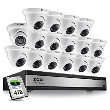 ZOSI 16 Channel Security Camera System 1080p,16 Channel DVR with Hard Drive 4TB and 16PCS Outdoor/Indoor CCTV Dome Camera 1080p with Long Night Vision and 105°Wide Angle