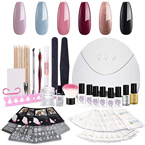 SEXY MIX Gel Nail Polish Kit with UV LED Light, Deluxe Kit with 24W Nail Dryer Lamp 6 Colors Gel Nail Polish Base and Top Coat 4 Stamping Plates Decoration Kit