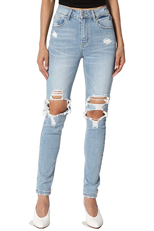 TheMogan Roll Up Relaxed Stretch Skinny Jeans in Distressed Medium Blue Wash