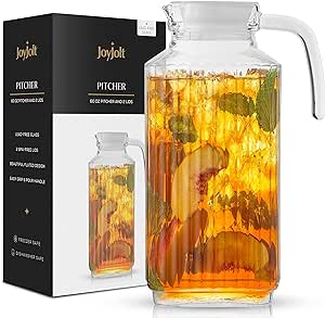 JoyJolt 60oz Glass Pitcher with Lid (2 Lids) - Beverage Serveware and Storage Container for Hot Liquids or Cold Drinks. Fridge Pitcher, Juice Container, Water Jug, Iced Tea Pitcher or Milk Pitcher