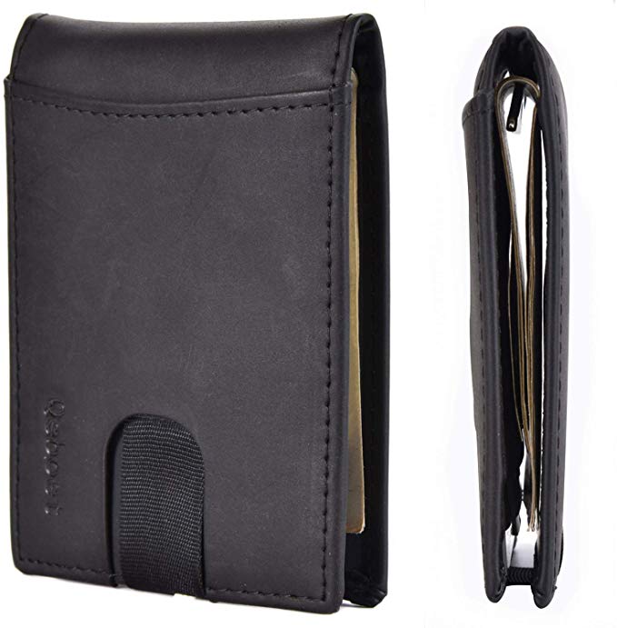 Qeboet RFID Blocking Slim Bifold Genuine Leather Minimalist Front Pocket Wallets for Men with Money Clip (crazy horse black)