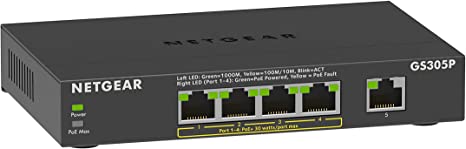 NETGEAR PoE Switch 5 Port Gigabit Ethernet Unmanaged Network Switch (GS305P) - with 4 x PoE @ 55W, Desktop or Wall Mount