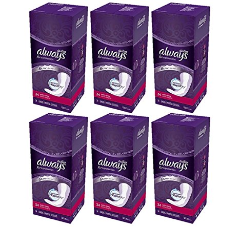Always Xtra Protection Daily Liners, Extra Long Feminine Panty Liners, 34 Count - Pack of 6 (204 Total Count)
