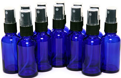 12 New, High Quality, 1 oz Cobalt Blue Glass Bottles, with Black Fine Mist Sprayers