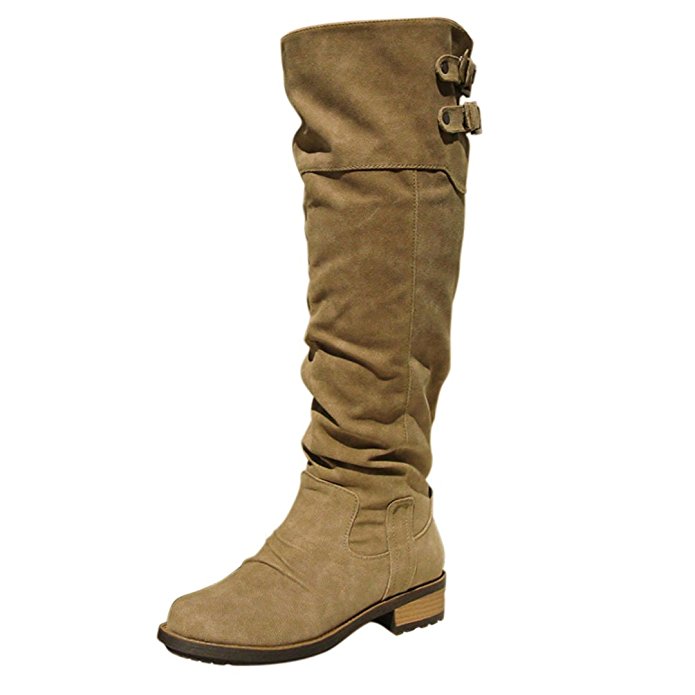 Qupid Women's Relax01x Distress PU Basic Casual Buckle Knee High Boot