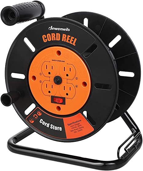 DEWENWILS Extension Cord Storage Reel with 4-Grounded Outlets, Heavy Duty Open Cord Reel for 12/3,14/3,16/3 Gauge Power Cord, Hand Wind Retractable, 10A Circuit Breaker, Rocker Power Switch