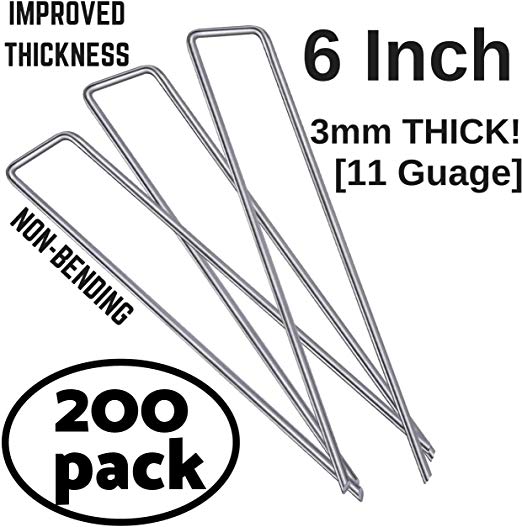 6 Inch [ 200 Pack | 11 Gauge ] Garden Landscape Staples Stakes Pins SOD | Galvanized Steel | for Weed Barrier Fabric, Ground Cover, Soaker Hose, Lawn Drippers, Drip Irrigation Tubing etc.