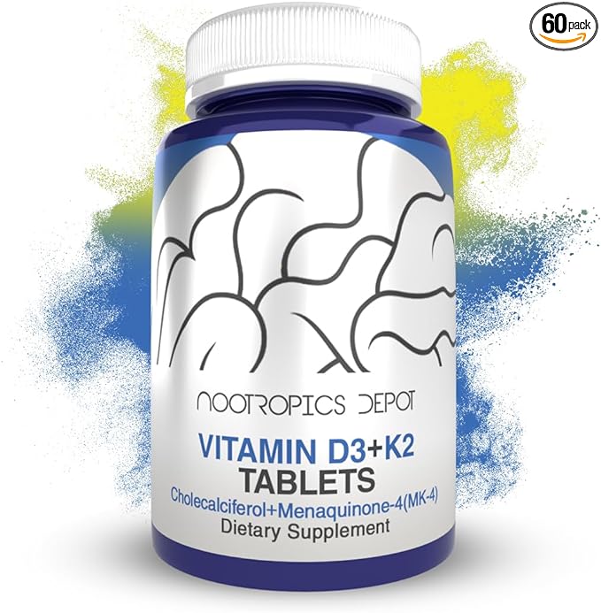 Nootropics Depot Vitamin D3   K2 with Vitamin C Tablets | 60 Count | Cholecalciferol   Menaquinone-4 (MK-4) | Mood, & Bone Health | Healthy Calcium Absorption