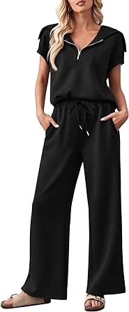 MEROKEETY Women 2 Piece Outfits Sweatsuit Set Half Zip Lapel Collar Short Sleeve Sweatshirt Wide Leg Sweatpant Tracksuit Sets