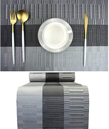 pigchcy Elegant Placemats with Matching Table Runner,Washable Vinyl Woven Table Mats Sets(6pcs Placemats 1pcs Table Runner,PT-A,Black)