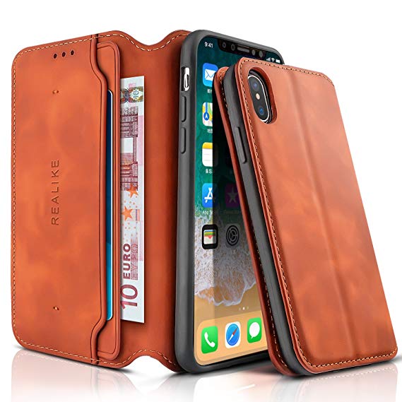 REALIKE iPhone X Wallet Case iPhone Leather Wallet Case iPhone X Flip Cover Case with Card Slot Holder Pocket Shockproof Protection Magnetic Closed Case for Men and Women-Tan