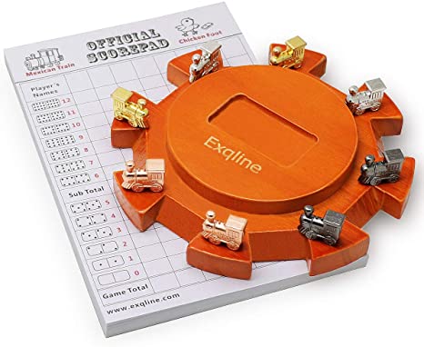 Exqline Mexican Train Dominoes Accessory Set - Including Wooden Hub, 8 Metal Train Markers and 70-Sheets Scorepad, Great Addition to Domino Game