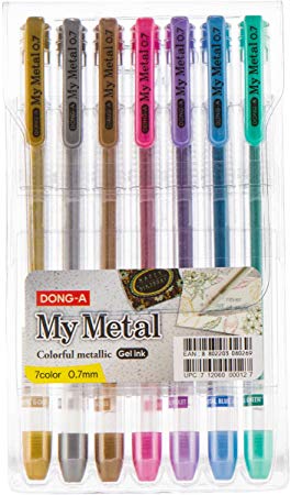 DONG-A My-Gel Metallic Roller Ball Pens, 0.7mm, Assorted Colors, 7 Color Set
