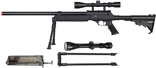 Lancer Tactical 470 FPS MB06 Airsoft Single Bolt Action Sniper Rifle with Scope, Bipod, and 0.2g 6mm BBS