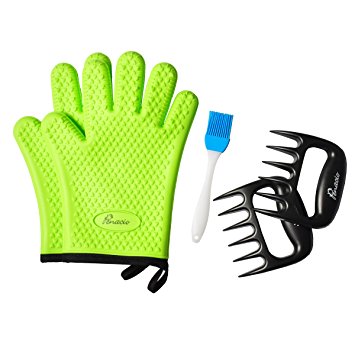 Penacio Premium 3-In-1 BBQ Accessory Set - Thick Heat Resistant Oven Mitts With Internal Protective Cotton Layer - Meat Shredder Claw Tools - Silicone Basting Brush - BPA Free & FDA Approved (Green)