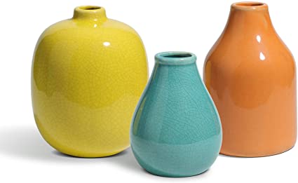 ComSaf Ceramic Flower Vase Set of 3, Small Decorative Vases, Modern Glazed Floral Vase for Home Decor Table Centerpieces, Living Room, Office, Orange Yellow Blue, Rustic Style