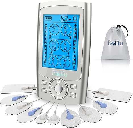 Belifu Dual Channel TENS EMS Unit 24 Modes Muscle Stimulator for Pain Relief Therapy, Electronic Pulse Massager Muscle Massager with 10 Pads, Dust-Proof Drawstring Storage Bag，Fastening Cable Ties