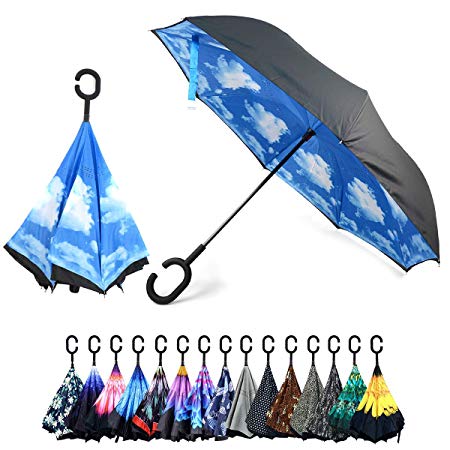 Parquet Blue Sky Double Layer Inverted Umbrellas C-Shaped Handle Reverse Folding Windproof Umbrella for Women Men