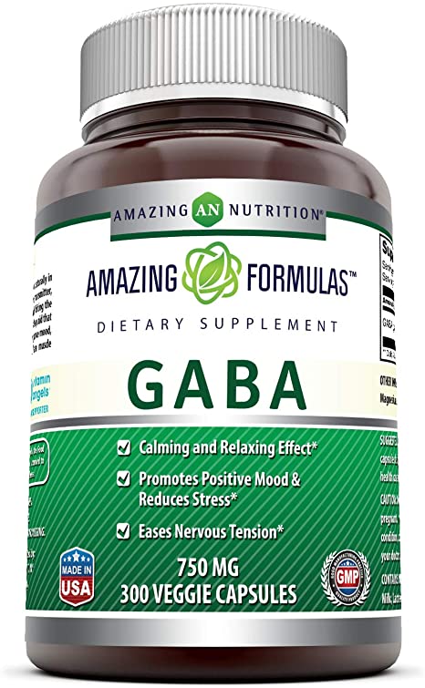 Amazing Formulas GABA Supplement 750 Mg, Veggie Capsules - Calming & Relaxing Effect - Promotes Positive Mood & Releases Stress - Eases Nervous Tension* (300 Count)
