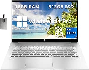 HP Envy 17.3" FHD Touchscreen Laptop, Intel Core i7-1260P, 16GB RAM, 512GB SSD, Backlit Keyboard, Intel Iris Xe Graphics, Fingerprint Reader, Webcam, Windows 11 Pro, Silver, 32GB Hotface USB Card