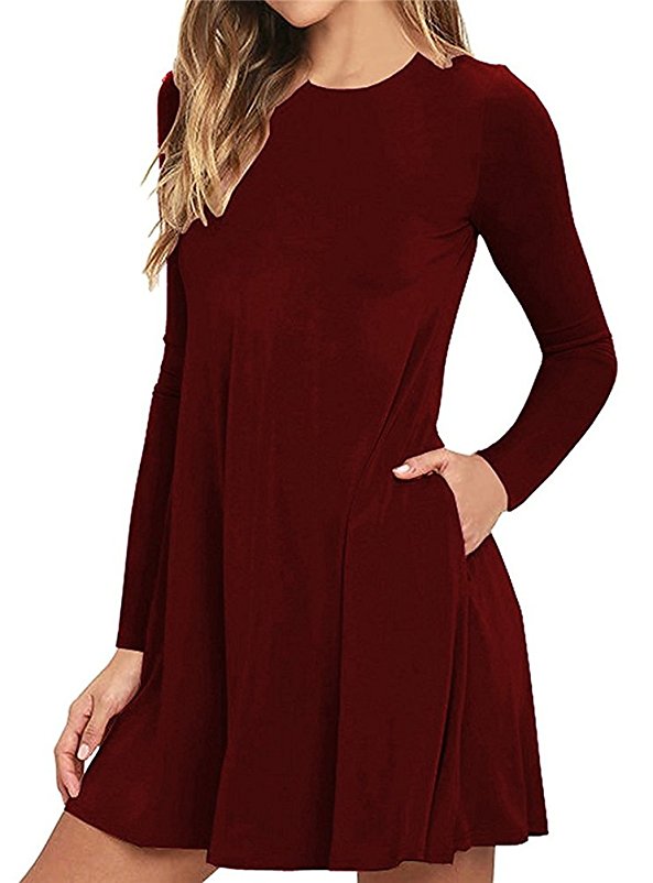 VOGRACE Women's Long Sleeve Loose T Shirt Dress A-line Swing Dress With Pockets