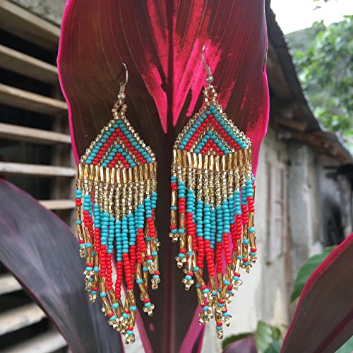 Turquoise, Red and Gold Beaded Fringe Earrings for Women: Artisan-made in Guatemala by Wanderlust Goods.