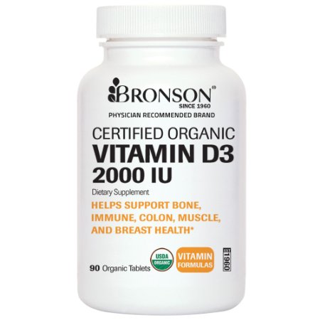 Bronson Labs USDA Certified Organic Vitamin D3 2000 IU - 90 Organic Vitamin D Tablets 3 Month Supply Made in USA