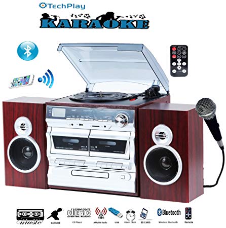 TechPlay Karaoke Enabled, 30W RMS, Retro Classic Turntable, NFC Bluetooth, Double Cassette Player/Recorder, CD MP3 Player, USB SD Ports, AM/FM Digital Alarm Clock and Full Remote Control