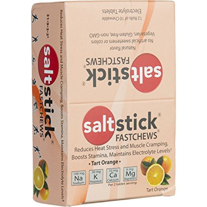 SaltStick Fastchews Box of 12 Packets of 10 Chewable Electrolyte Replacement Tablets, Tart Orange Flavor